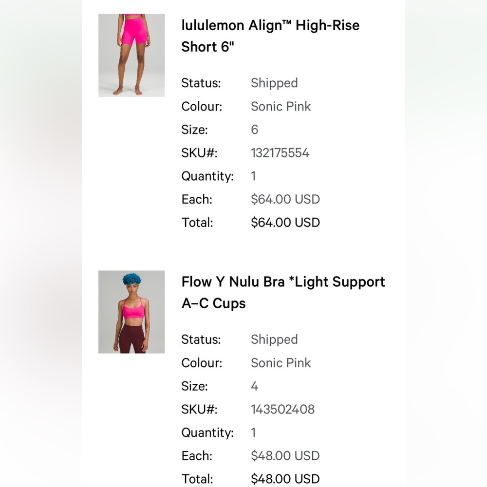 Sonic pink align short (size 6) and bra (size 4)